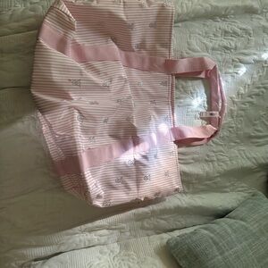 Pink Striped Tote Bag with Bow Print